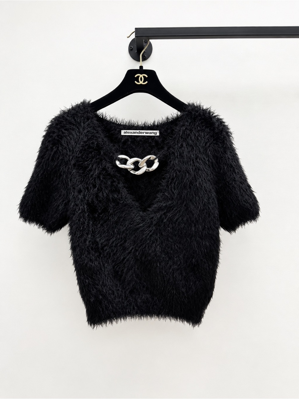 Alexander Wang Black Fuzzy V-Neck Short-Sleeve Sweater with Silver Chain